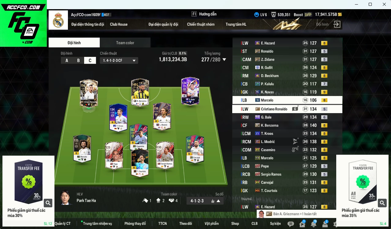 [ACC Rẻ🔥] Real Madrid 1.813.230b dư 17.900b có Benzema DC, Kroos 21UCL (hiếm), CR7 BLD, Beckham HG, Modric CC, Bale WB+6, Hazard HG, Ramos LD, Casemiro BTB, Zidane BDO, Ronaldo BDO... nhiều hàng hiếm, đã đào tao nữa bảng chiến thuật. HLV Xịn
